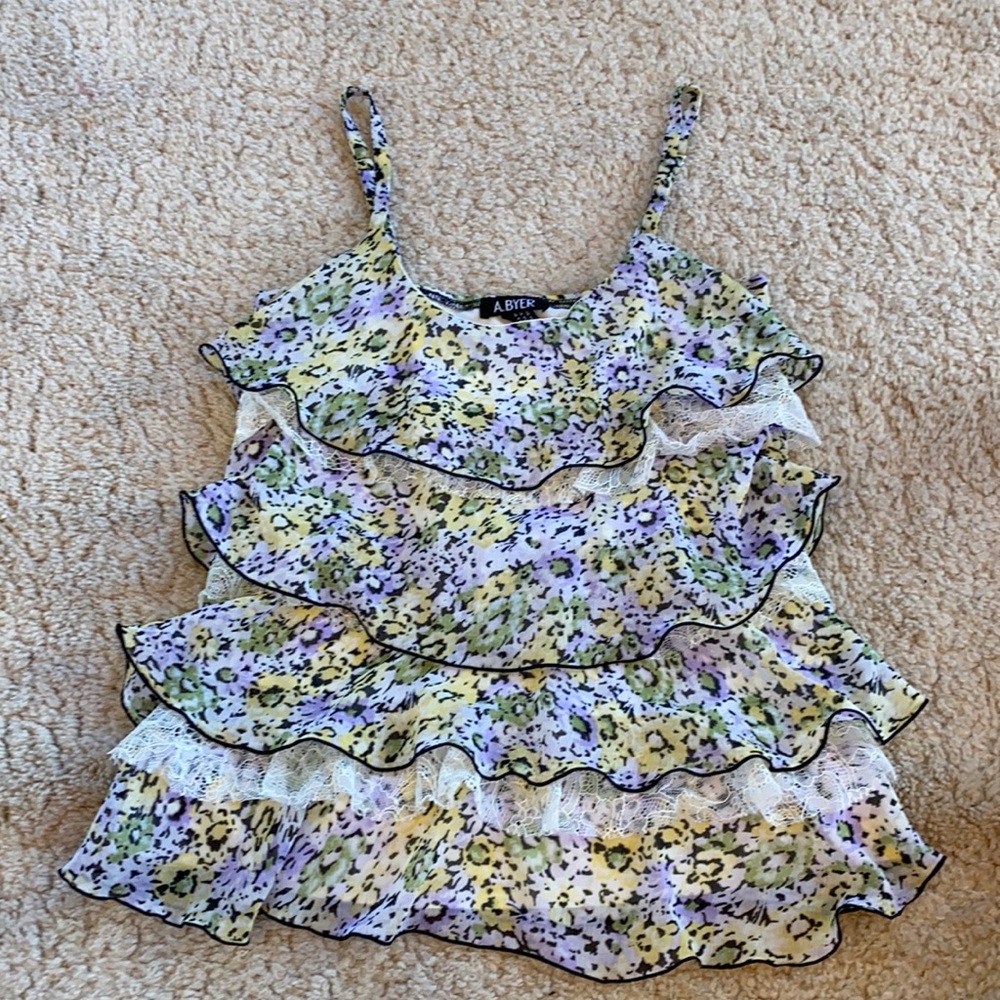 Pastel floral & white lace tank, adjustable straps